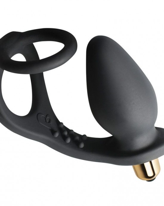 Rocks Off 7 Speed ROZen Cockring And Anal Plug Black