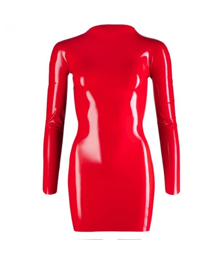 Zip Up Latex Mini Dress With Long Sleeves Red